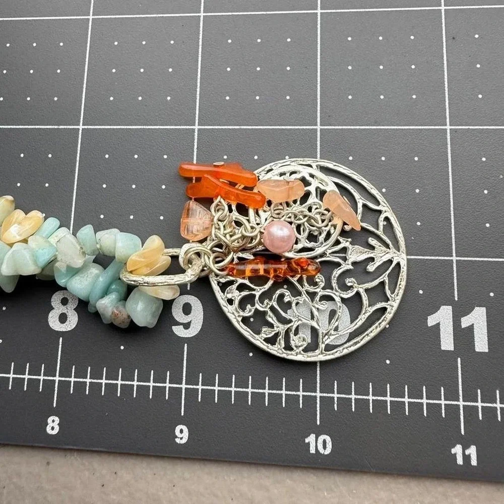 Silver Tone Necklace Mother of Pearl Stone Filigree Medallion Boho Pendant